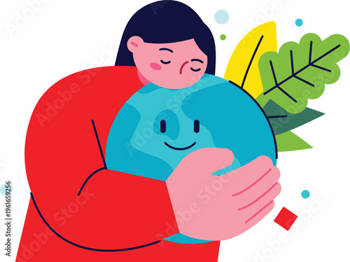 A person embracing a smiling globe with green leaves and a serene expression of care for the planet