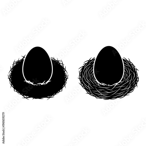 Two bird eggs nestled in handcrafted nests with natural twigs and fibers Vector, illustration
