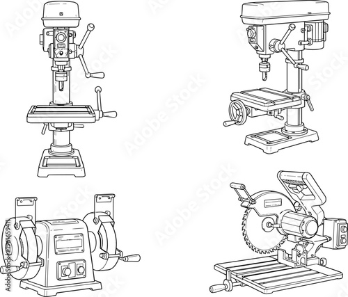Detailed line drawings of essential workshop machinery including drill presses, bench grinder, and miter saw, perfect for woodworking, metalworking, and industrial tool illustration resources.