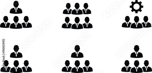A collection of black silhouette icons illustrating various hierarchical business team structures