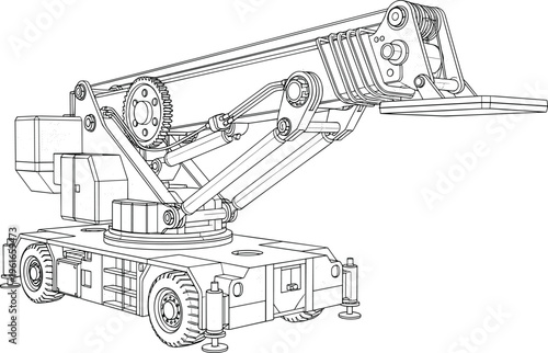 Detailed technical drawing of mobile hydraulic crane lift platform with articulated arms, stabilizing outriggers, gears, 