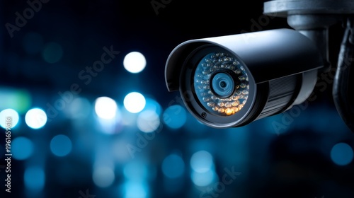 High-tech security camera monitoring urban environment with blurred lights in the background at night, showcasing advanced surveillance technology