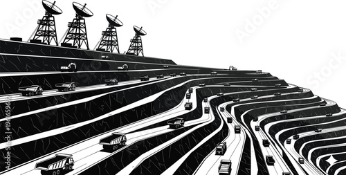 Dramatic black and white illustration of open-pit mining operation with terraced levels, heavy trucks, and satellite 