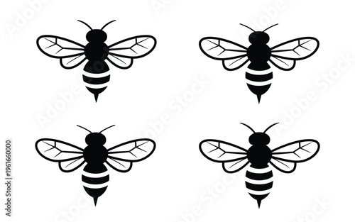 A collection of four identical black and white bee icons displayed on a clean white background