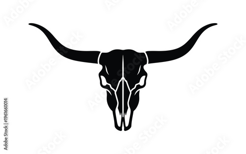 A minimalist black and white graphic illustration featuring the silhouette of a longhorn skull