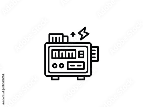 A simple black and white line icon representing an electrical power supply or charging generator