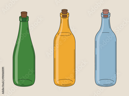 Three colorful glass bottles with cork stoppers illustrated in a flat simple graphic design style