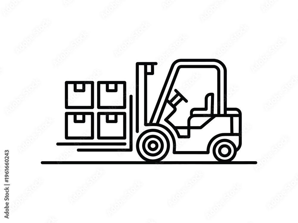 Naklejka premium A black and white line art icon of a forklift carrying a stack of four cardboard shipping boxes
