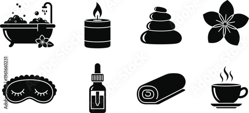 Spa and wellness icons including bath candle stones flower eye mask oil towel and coffee cup