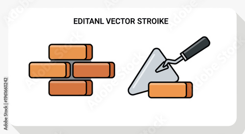 Bricklaying Tools and Bricks Icon Set: Trowel and Stacked Bricks