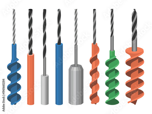 A collection of various industrial drill bits with different shapes and colors on white background