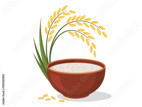 A ceramic bowl filled with white rice grains accompanied by stalks of golden paddy on white base