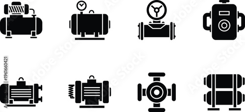 Industrial equipment silhouette icons set featuring pumps, compressors, motors, and mechanical devices for engineering, manufacturing, construction, and 