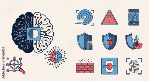 AI Brain and Cybersecurity Icons: Protection, Security, Data Breach, Network