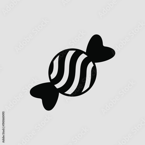 A minimalist black and white icon illustration of a wrapped candy treat with striped patterns