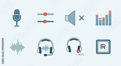 Audio Icons Set: Microphone, Equalizer, Volume, Sound Wave, Headphones, Mute