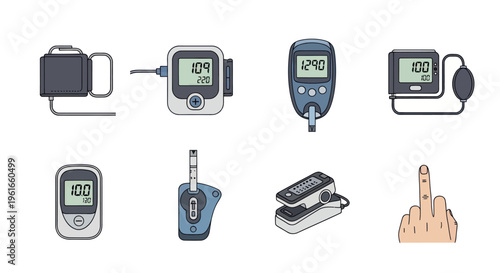 Medical Devices Collection: Blood Pressure Monitor, Glucometer, Finger Pricker, and Middle Finger