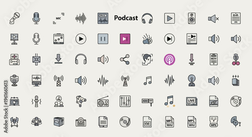 Podcast Icons Set: Microphone, Headphones, Audio Waves, Play Button, Radio, Music Notes