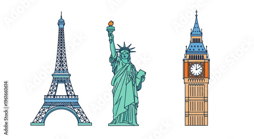 Iconic Landmarks: Eiffel Tower, Statue of Liberty, Big Ben - Travel & Tourism Concept
