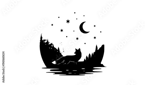 Fox silhouette night forest vector minimal black white woodland nature scene