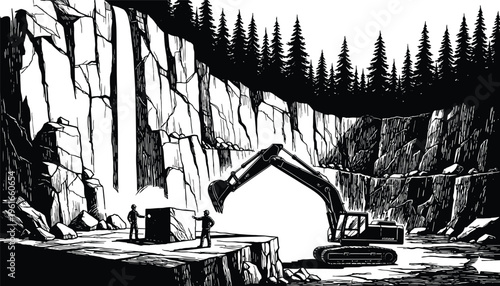 Industrial excavator at quarry construction site with workers near machinery, dramatic cliff backdrop and forest trees, black and white illustration of rugged landscape scene