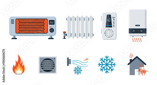 Home Heating and Cooling Solutions Collection: Radiator, Heater, AC, Boiler, Fire, Snowflake
