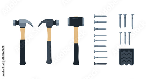 Collection of hammers and nails, tools for construction and repair, flat design