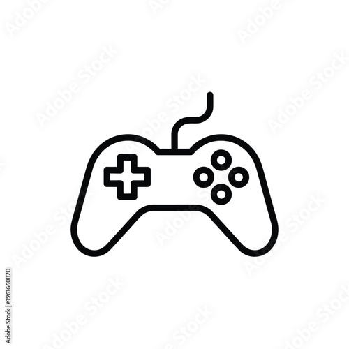 A minimalist black line art icon of a classic wired video game controller on a white background