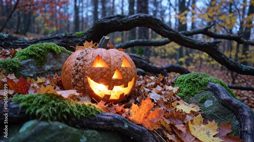 Pumpkin carved with a friendly jack-o'-lantern face glowing amid autumn leaves in a mossy forest