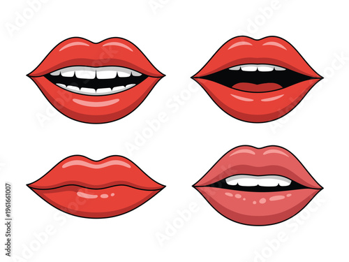 A collection of four distinct artistic illustrations showing various expressions of human lips