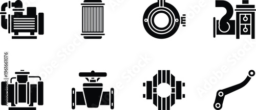 Industrial mechanical components icons set including engine, filter, bearing, crane hook, pump, valve, coupling, and lever control arm for engineering design illustrations
