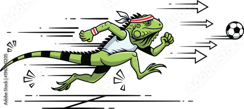 Fast running iguana playing soccer vector illustration with motion lines and dynamic action concept perfect for sports mascot and active lifestyle designs