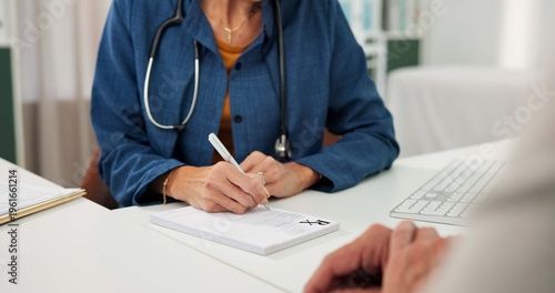 Cuadro en lienzo Hands, person and doctor writing in office for checkup, prescription script and referral letter