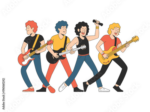A colorful illustration featuring a four piece rock band playing instruments on a white background