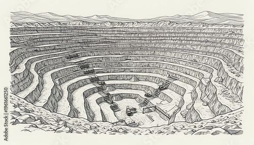 Detailed black and white ink illustration of a massive open pit mine showing Terraced levels and heavy machinery work