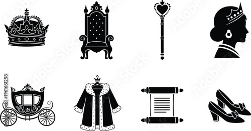 Royal regalia and symbols of monarchy and power in black and white