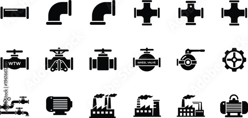 Industrial piping system icons set featuring valves, pipe fittings, factory infrastructure, pumps, and mechanical 