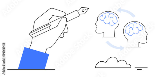 Knowledge transfer concept. Knowledge sharing illustrated with two brains exchanging ideas through a creative flow. Knowledge for collaboration, education, innovation, creativity, brainstorming