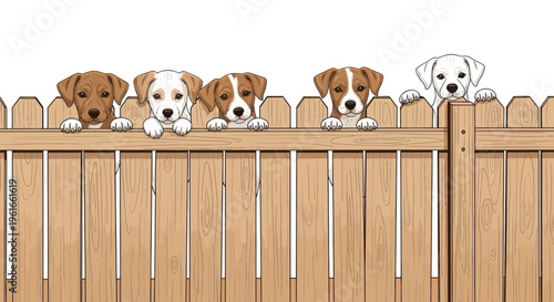 Cute Puppies Peeking Over Wooden Fence - Adorable Canine Friends