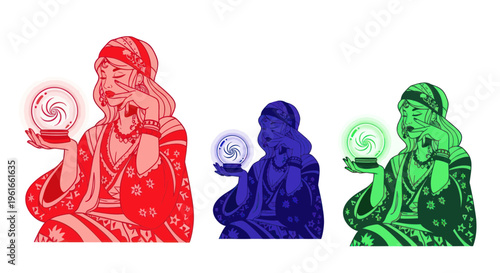 Fortune Teller Trio with Crystal Balls Predicting Future