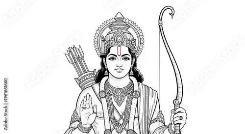 Lord Rama, Hindu deity, holding bow and arrow, blessing pose, line art illustration