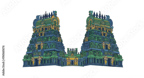 Intricate Indian Temple Gopurams with detailed sculptures on white background