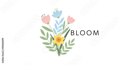 Spring floral arrangement with the word BLOOM, pastel colors, isolated on white background.