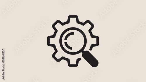 A simple black icon of a gear with a magnifying glass on a beige background, representing search and optimization.