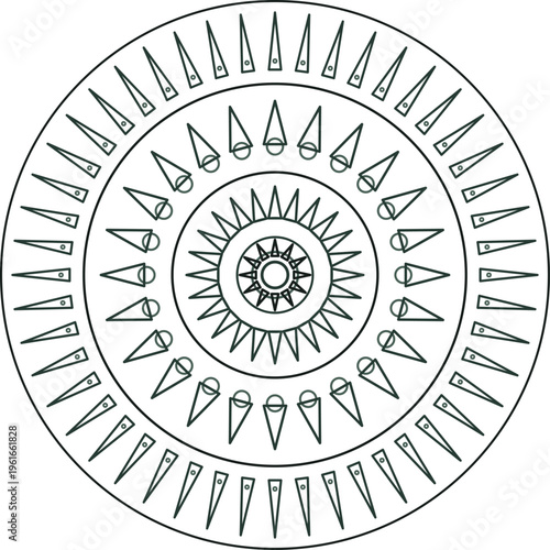 Detailed black and white circular mandala with sunburst center and sharp triangular outer bold and spiritual applications