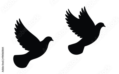 Two black silhouette illustrations of flying pigeons isolated on a clean white background design