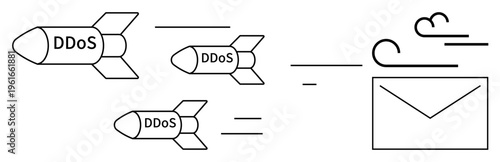 Cybersecurity, digital threats, cybercrime, DDoS attacks, online security, data protection. Rockets labeled DDoS moving towards an email icon. Cybersecurity and digital threats