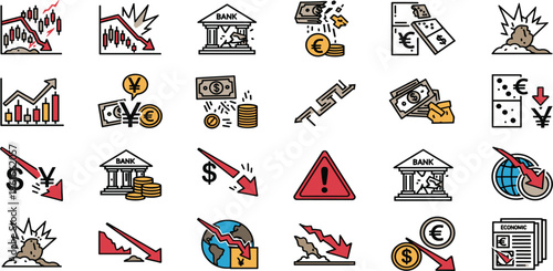 Financial Decline and Market Crash Icons Featuring Currency, Banks, and Economic Downturn