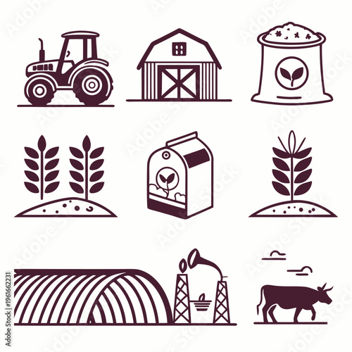 Farm icons depicting agriculture, livestock and harvest elements in a linear style