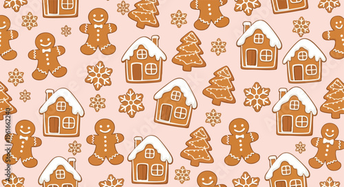 Gingerbread cookies. Seamless pattern background. Festive doodle style. Sweet baked texture. Holiday wrapping paper.